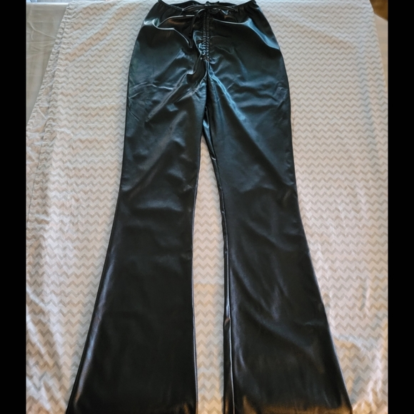 Black PU Ruched Front Flared Pants - Picture 2 of 3